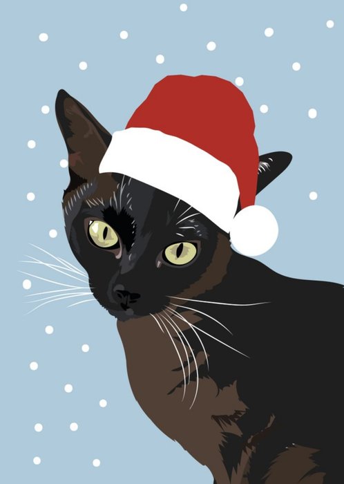 Cute Illustrated Cat in Santa Hat Christmas Card