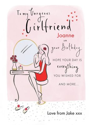 Illustrated Woman in Red Dress Personalised Girlfriend Birthday Card