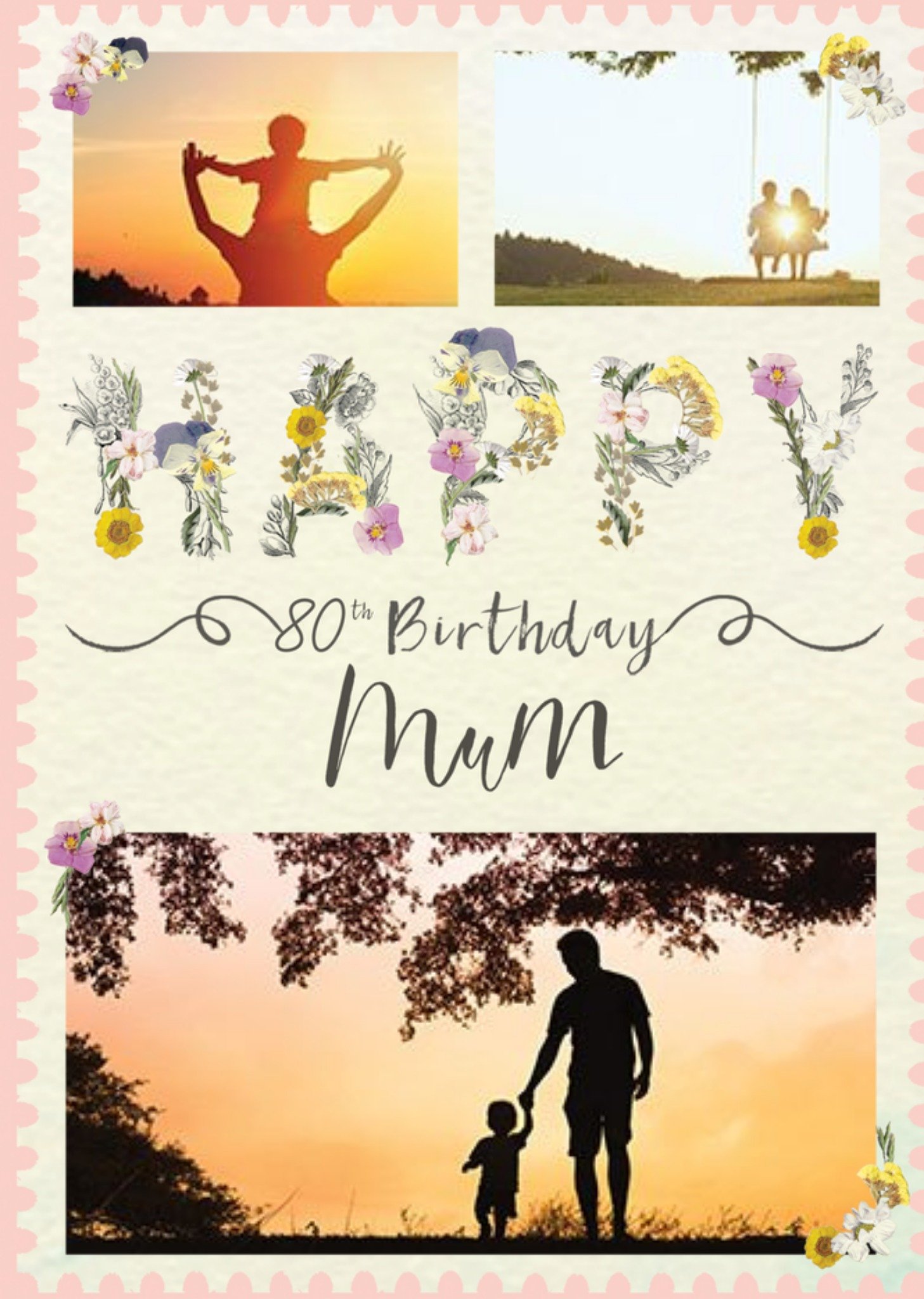 Clintons Illustration Floral Photo Upload 80th Birthday Milestone Card Ecard