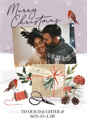 Adorable Illustration Of Two Robbins With A Present Photo Upload Christmas Card