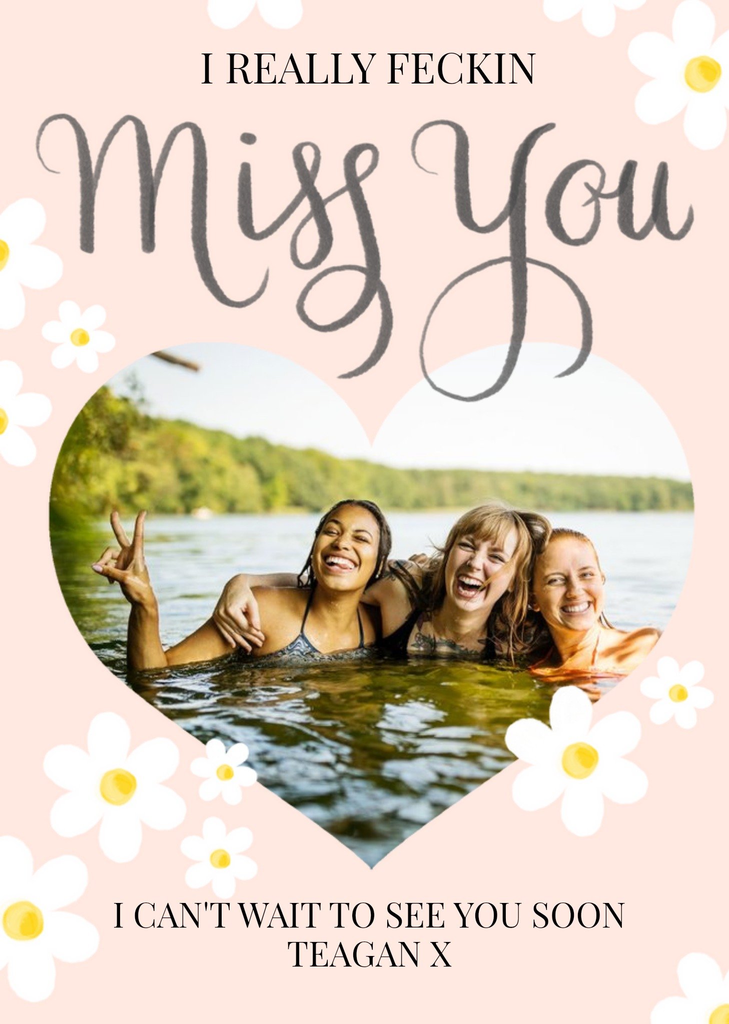 Heart Shaped Photo Frame Surrounded By Daisies On A Pink Background Missing You Photo Upload Card Ecard