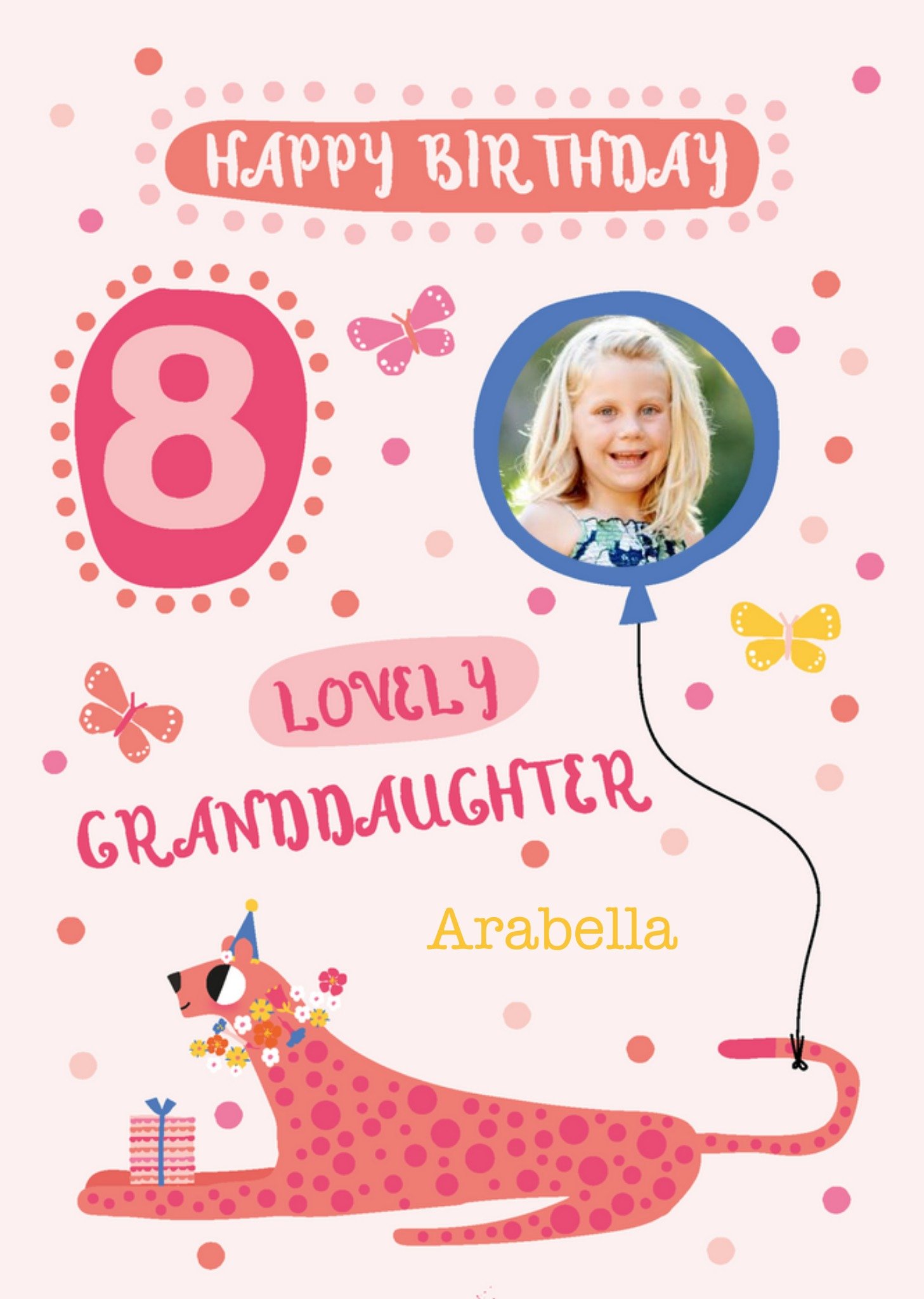 Moonpig Pink Cheetah 8th Birthday Granddaughter Photo Upload Card, Large