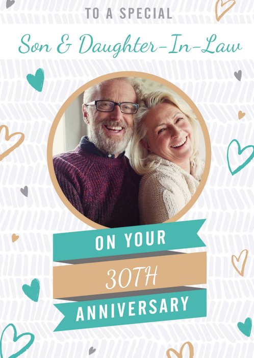 Circular Photo Frames Surrounded By Hearts On Your Anniversary Photo Upload Card