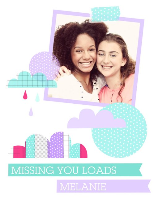 Green And Purple Circles And Clouds Personalised Photo Upload Missing You Card