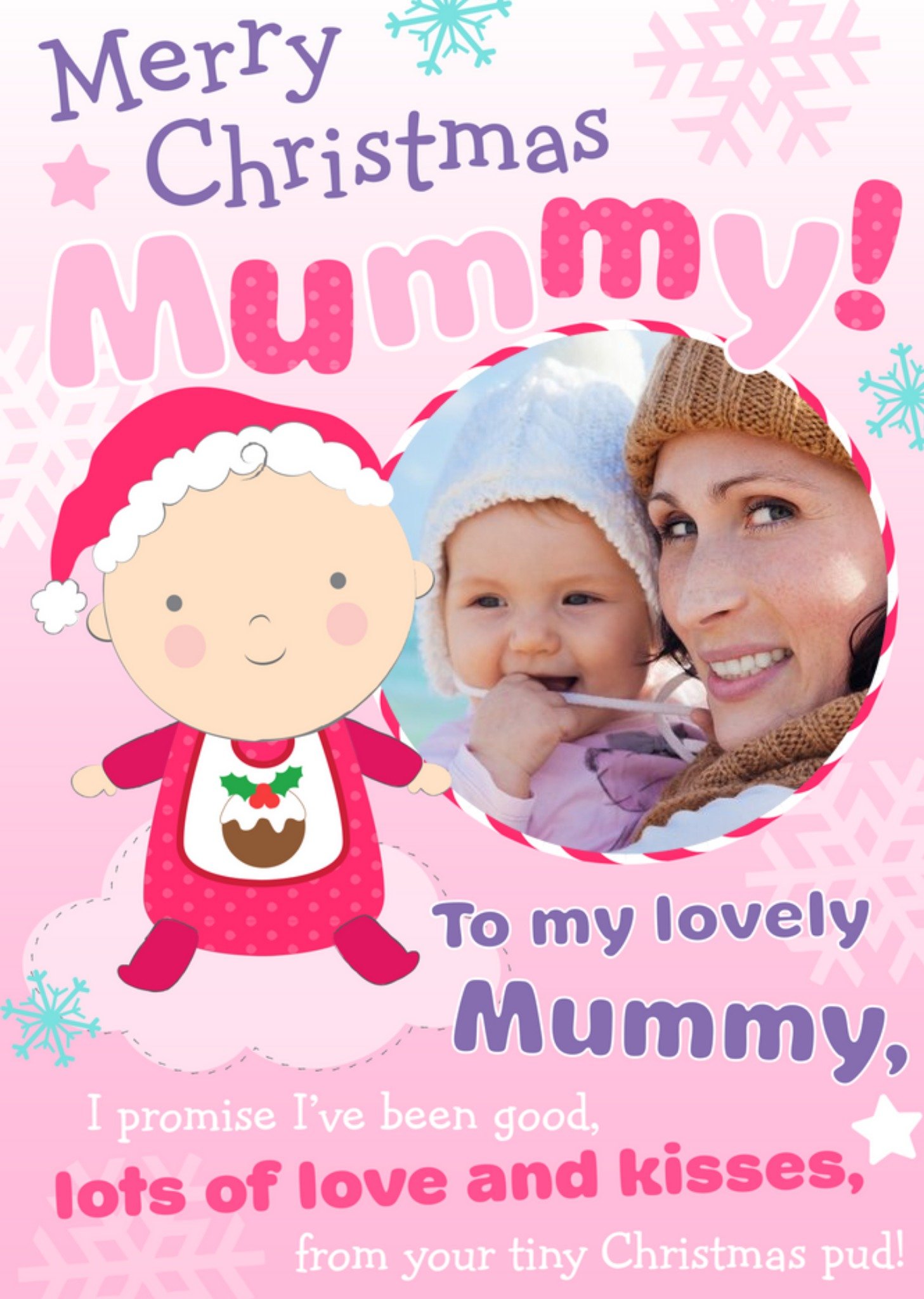 Moonpig Hot Pink And Baby Pink Snowflake Personalised Photo Upload Merry Christmas Card For Mum Ecar