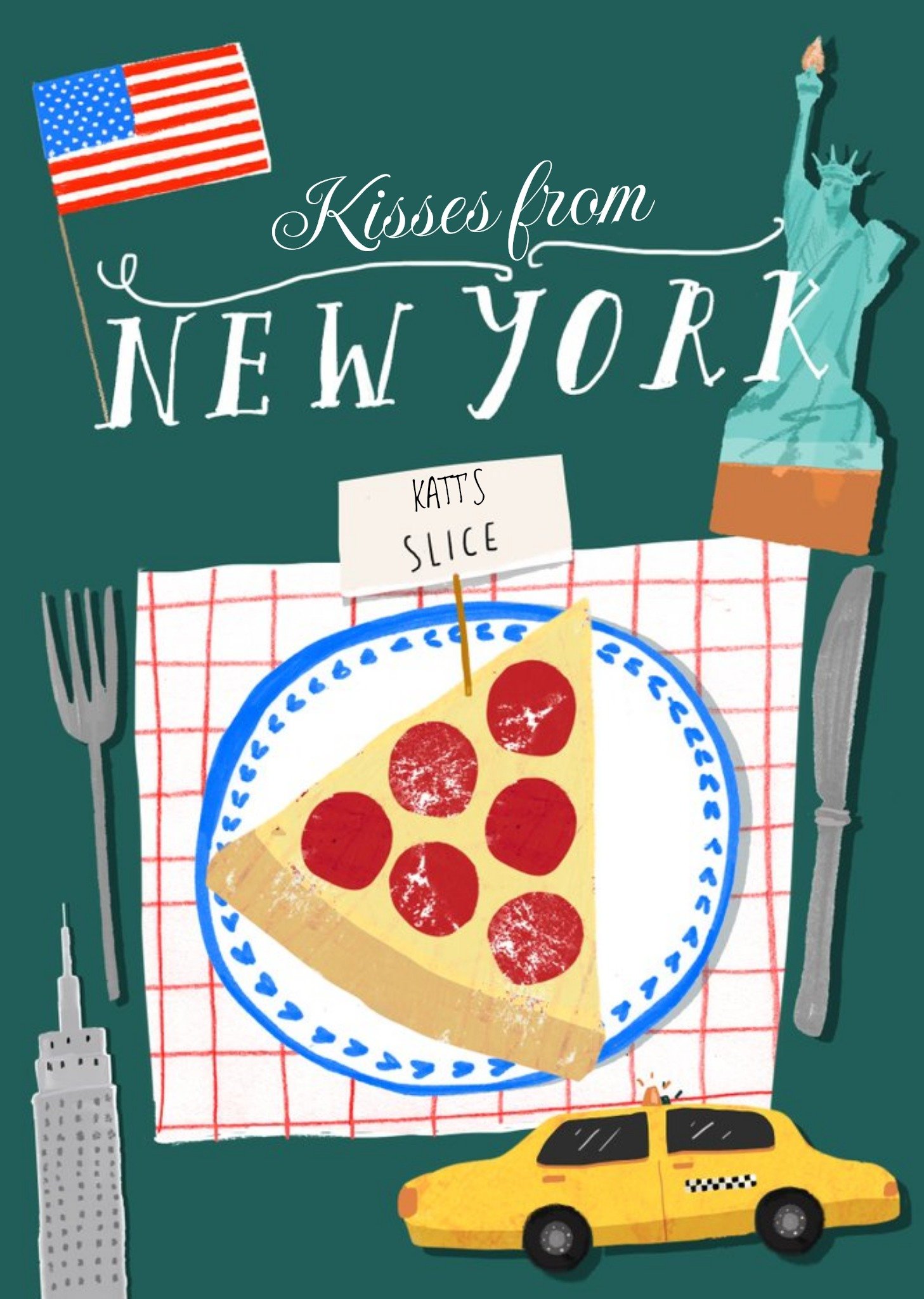 Moonpig Kisses From New York Personalised Pizza Slice Card, Large