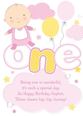 Clouds And Stars Yellow And Pink Personalised Happy 1st Birthday Card