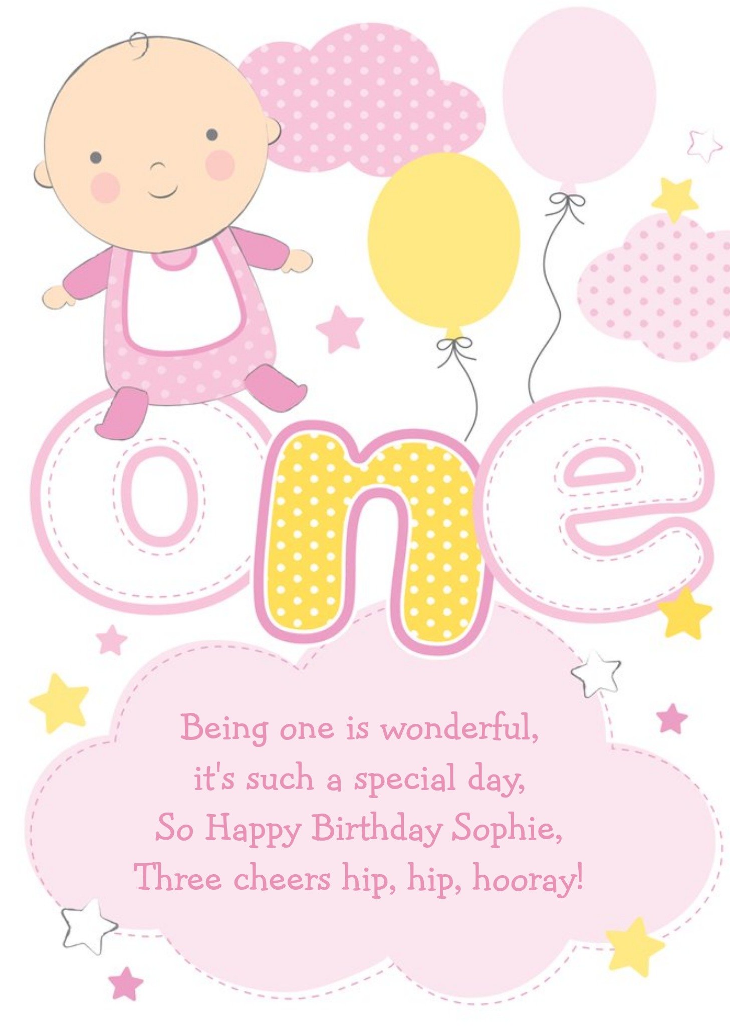 Clouds And stars Yellow And Pink Personalised Happy 1st Birthday Card Ecard