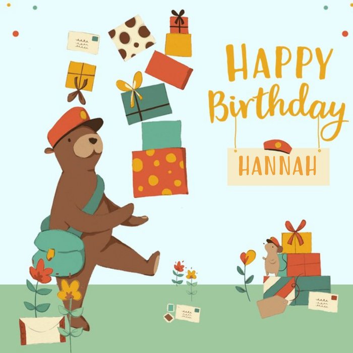 Personalised Bear And The Parcels Happy Birthday Card