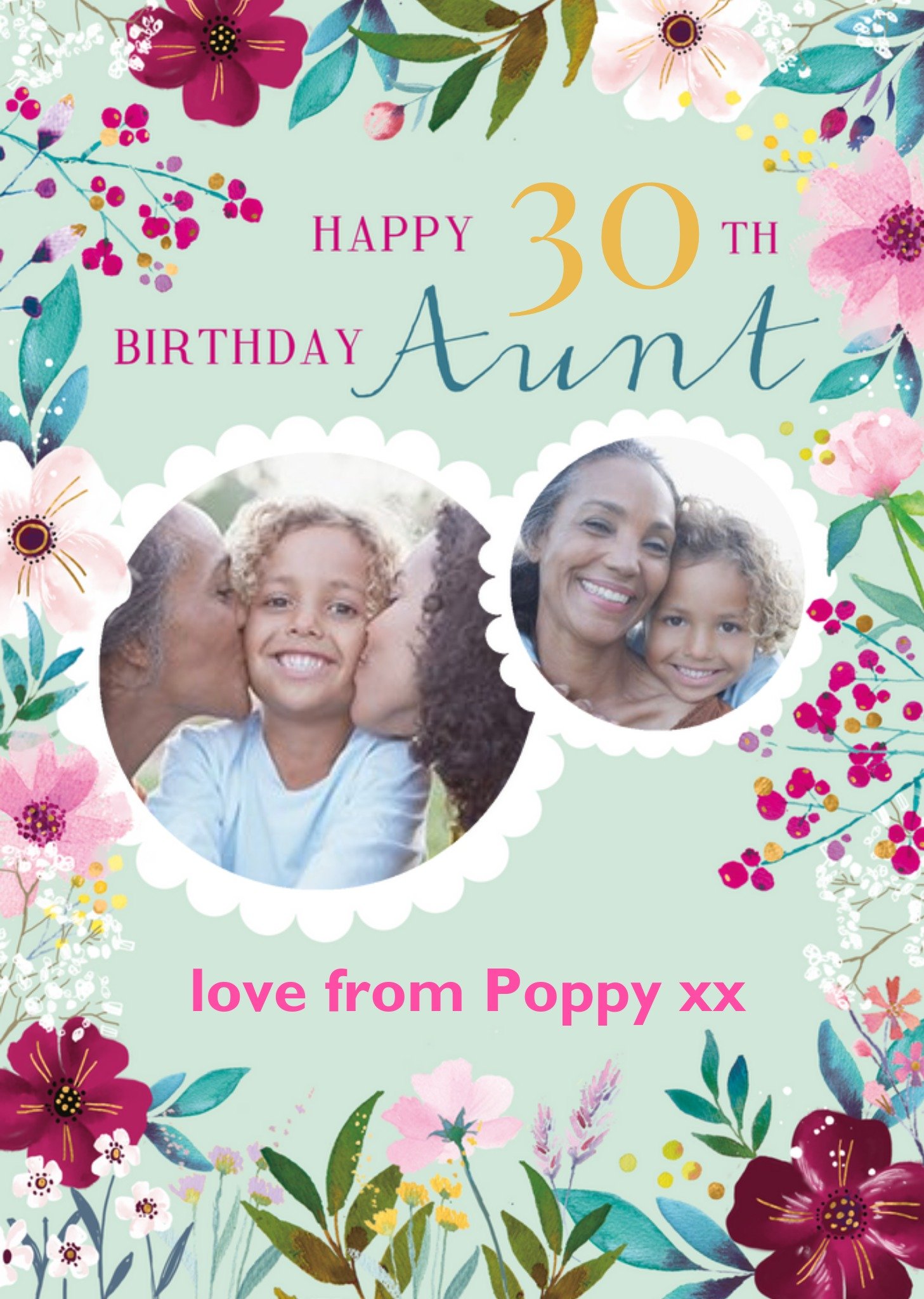 Moonpig Ling Design Illustrated Floral 30th Auntie Photo Upload Birthday Card Ecard