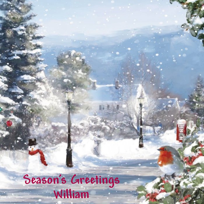 Wintry Scene With Robin Personalised Christmas Card