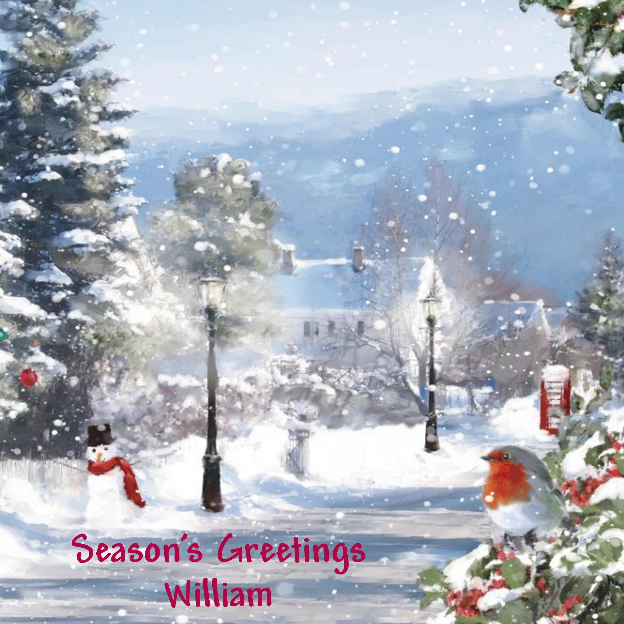 Wintry Scene With Robin Personalised Christmas Card, Square