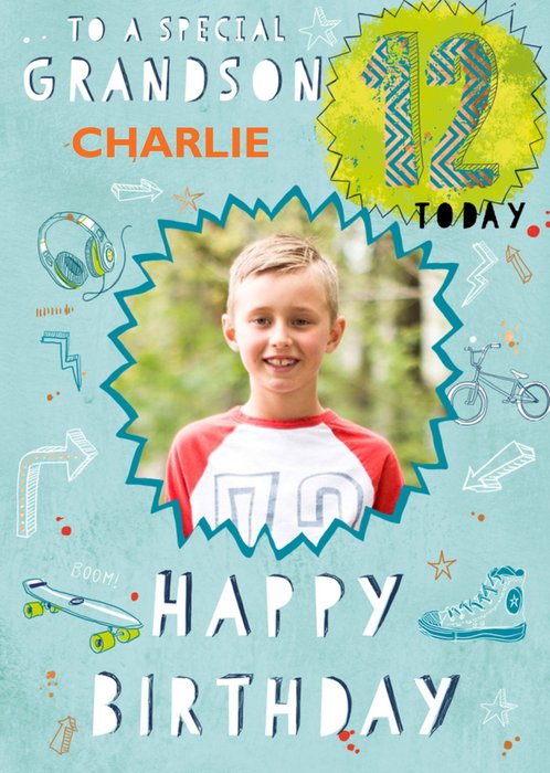 Illustration Of Headphones Bicycle And Skateboard Grandson's Twelfth Birthday Photo Upload Card