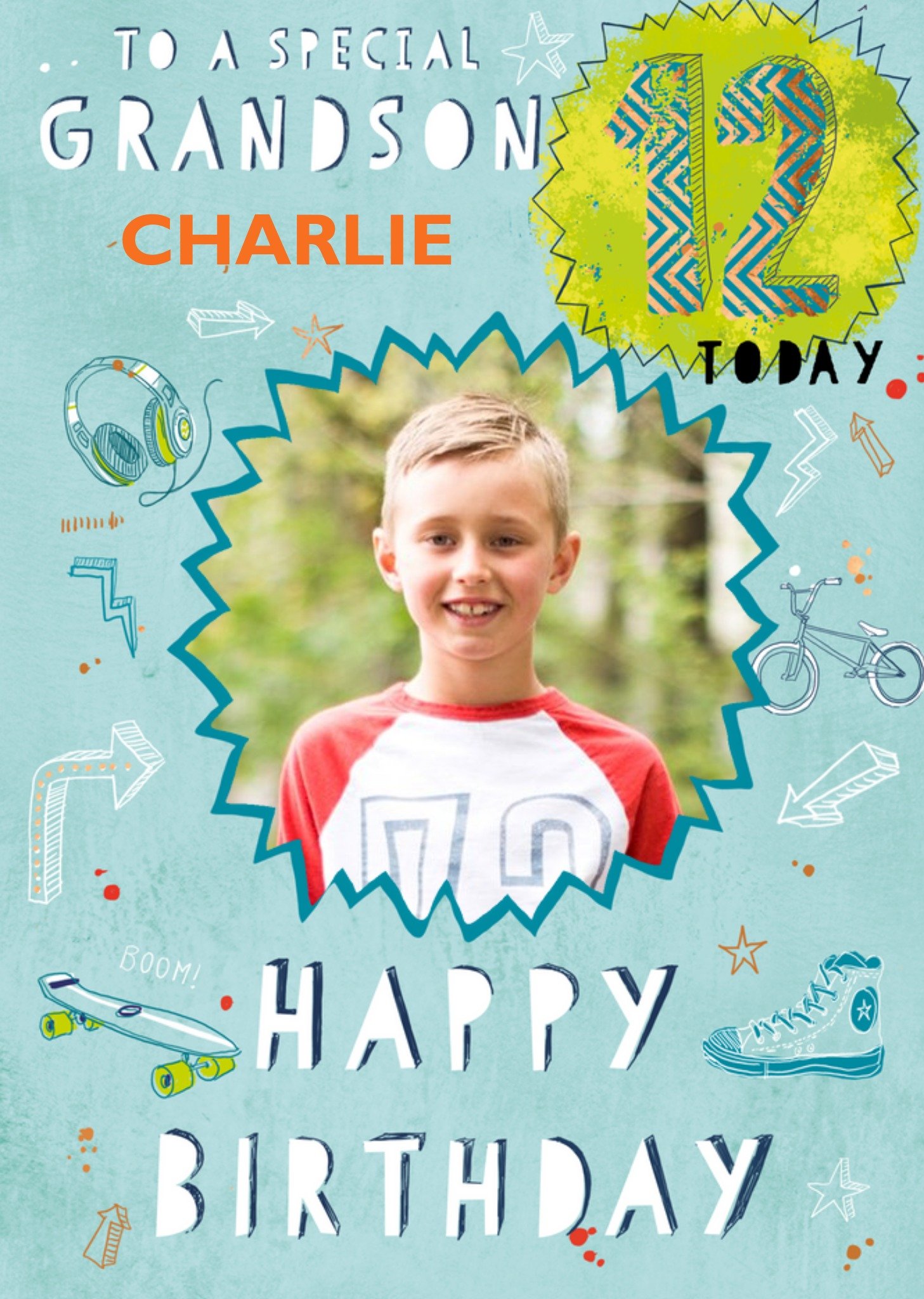 Ling Design Illustration Of Headphones Bicycle And Skateboard Grandson's Twelfth Birthday Photo Uplo