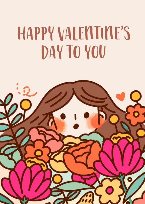 Illustrated Girl With Flowers Valentine's Card