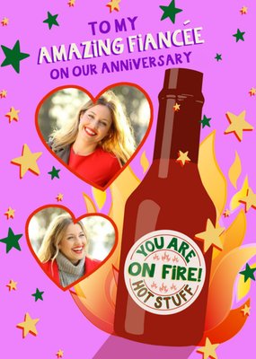 Illustration Of A Bottle Of Hot Sauce On Fire Fiancée's Photo Upload Anniversary Card