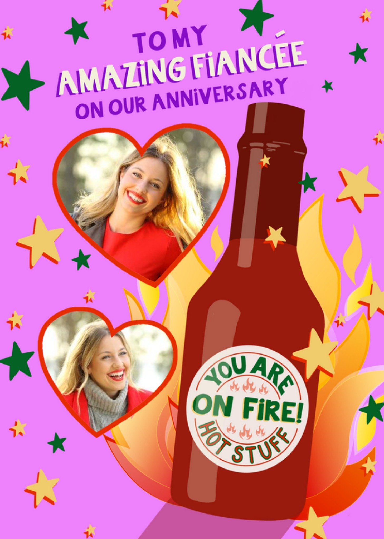 Illustration Of A Bottle Of Hot Sauce On Fire Fiancée's Photo Upload Anniversary Card Ecard