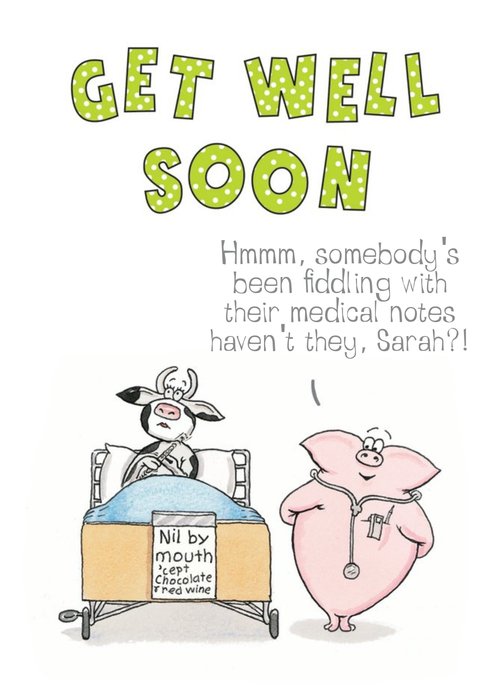 Cow And Pig Cartoon Funny Personalised Get Well Soon Card