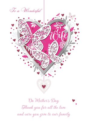 Big Pink Heart And Butterflies To A Wonderful Wife On Mothers Day Card