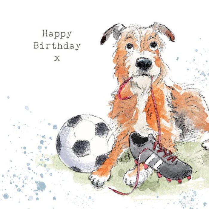 Illustration Of A Cute Dog With A Football And A Boot Birthday Card