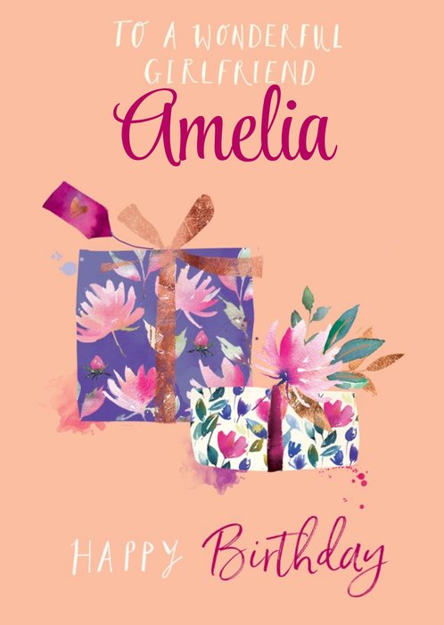 Watercolour Illustration Of Presents With A floral Pattern Girlfriend Personalised Birthday Card
