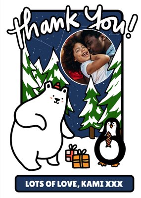 Cute Penguin Polar Bear Snow Scene Photo Upload Christmas Thank You Card