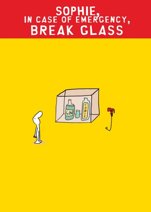 Illustration Of A Character With A Break Glass Emergency Box Filled With Gin And Tonic Birthday Card
