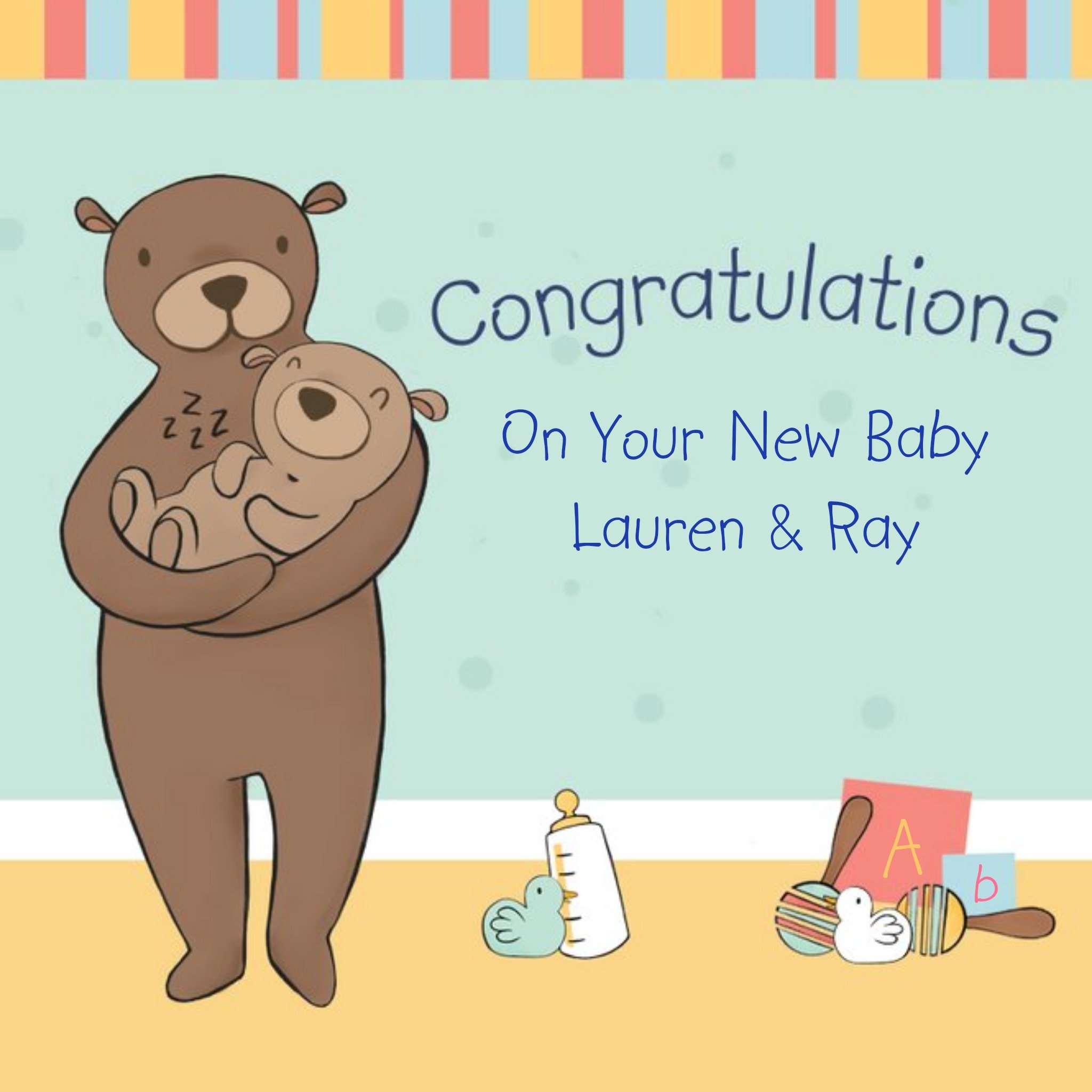 Bear Cuddles Personalised Congrats New Baby Card, Square