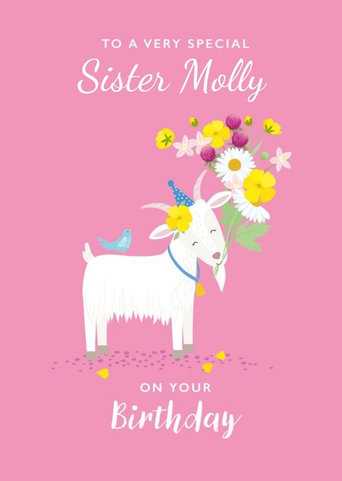 Cute Illustrated Goat with Bouquet Birthday Card