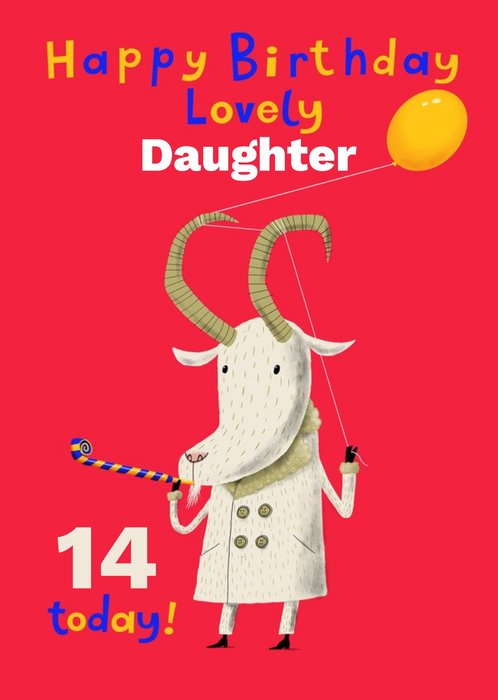 Goat Celebrating With A Balloon And Party Blower Personalise Age Daughter Birthday Card
