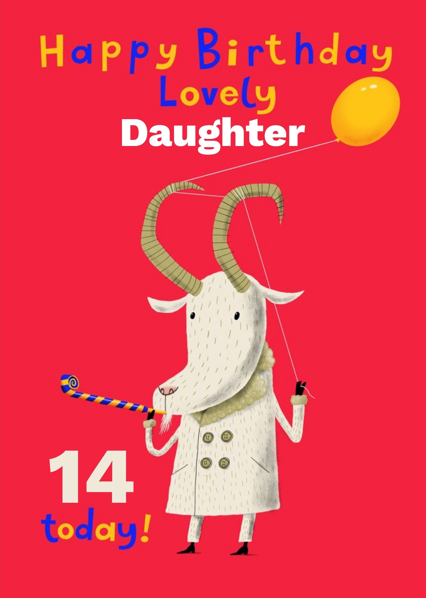 Goat Celebrating With A Balloon And Party Blower Personalise Age Daughter Birthday Card Ecard