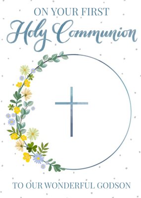Illustration Of Flowers Growing Around A Circular Frame Holy Communion Card