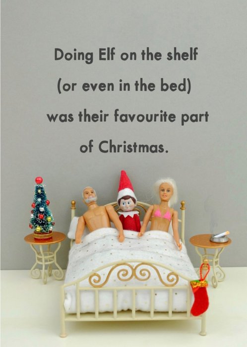 Funny Dolls Elf In The Bed Christmas Card