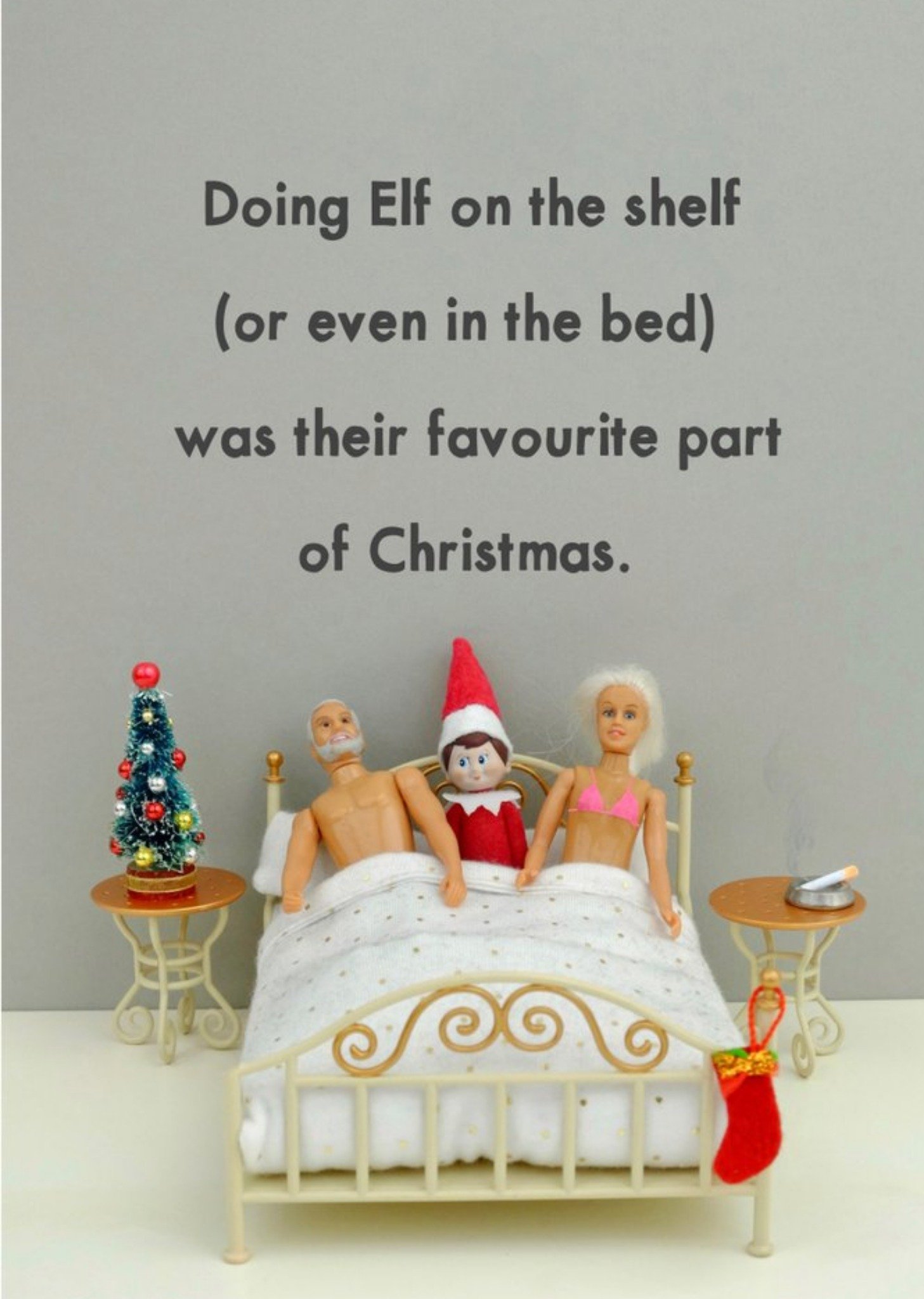 Bold And Bright Funny Dolls Elf In The Bed Christmas Card