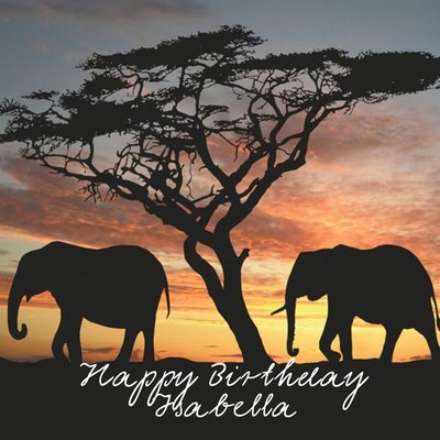 Tree And Elephants In Silhouette Personalised Happy Birthday Card