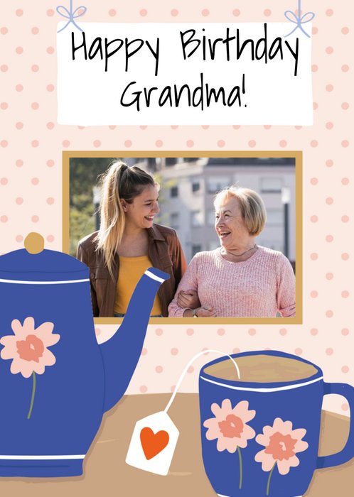 Cute Illustrated Teapot and Mug Photo Upload Grandma Birthday Card