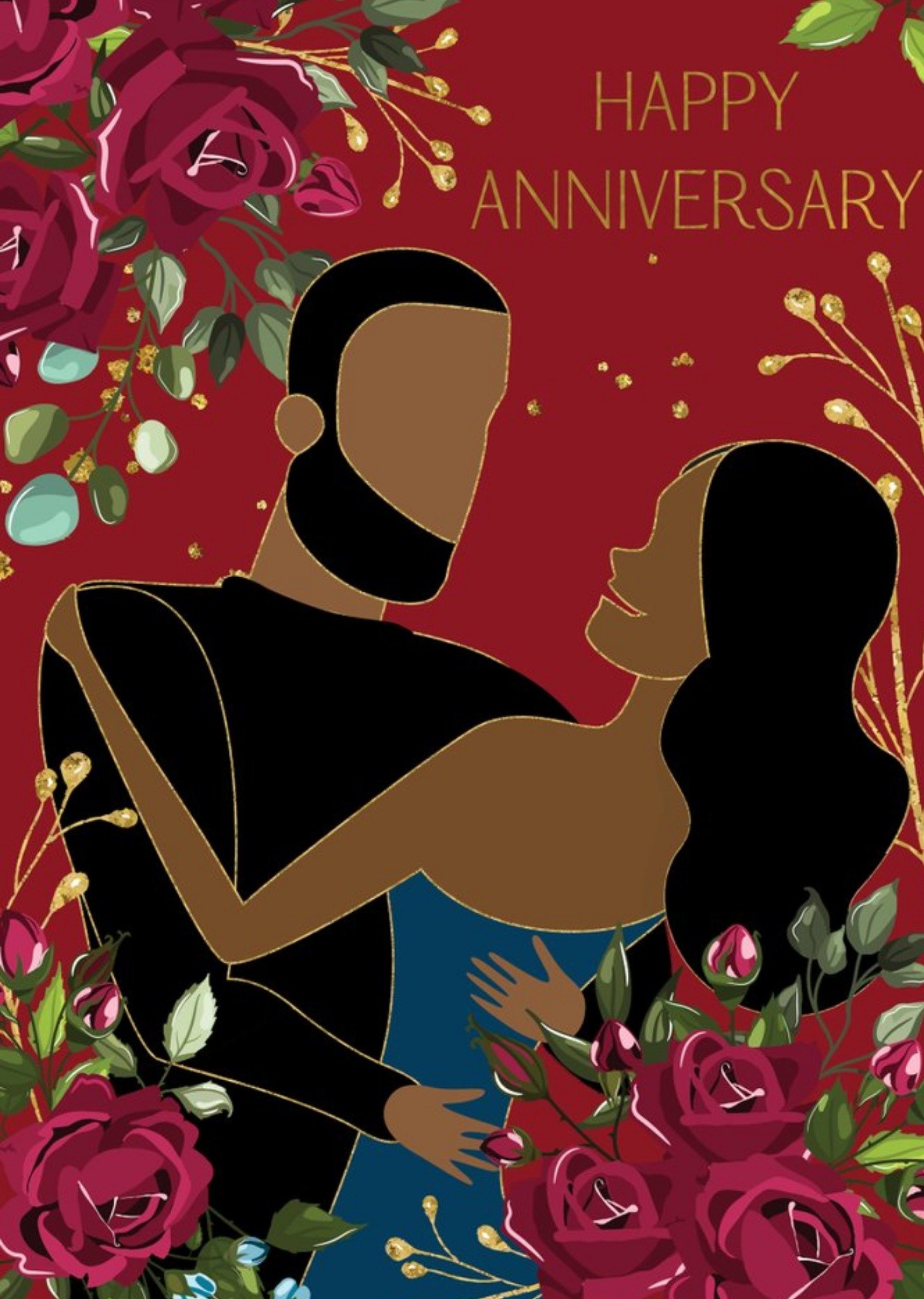 Moonpig Anoela Floral Couple Illustration Happy Anniversary Card, Large