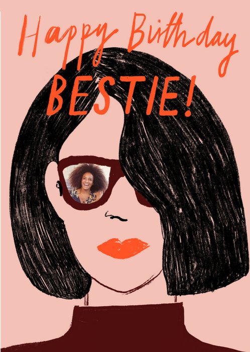 Face Illustration With Glasses Happy Birthday Bestie Photo Upload Card