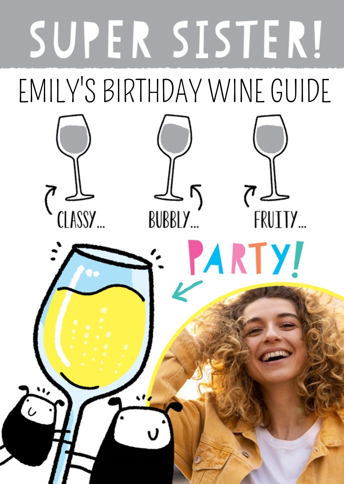 Moonpig Illustrated Wine Guide Photo Upload Sister Birthday Card, Large