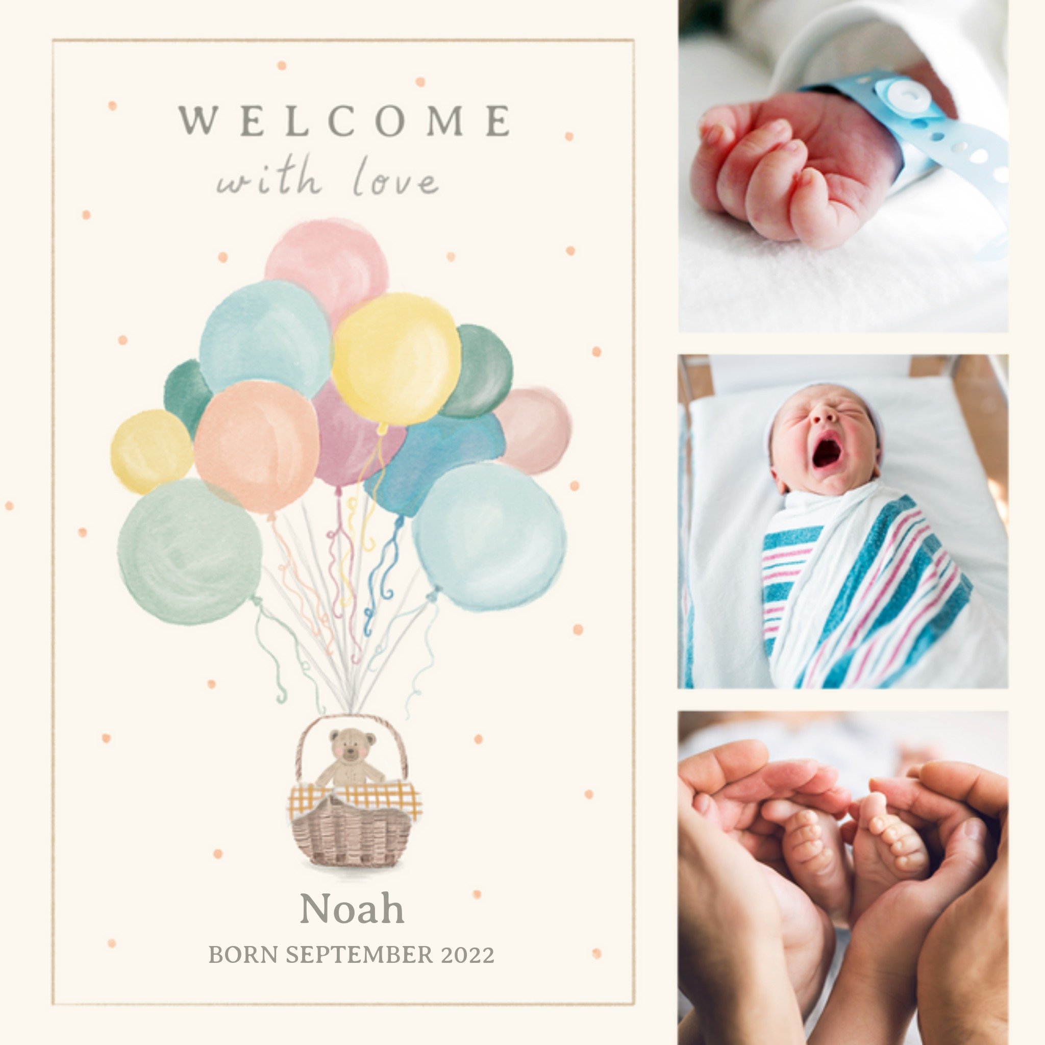 Welcome With Love Watercolour Illustration Photo Upload New Baby Card, Square