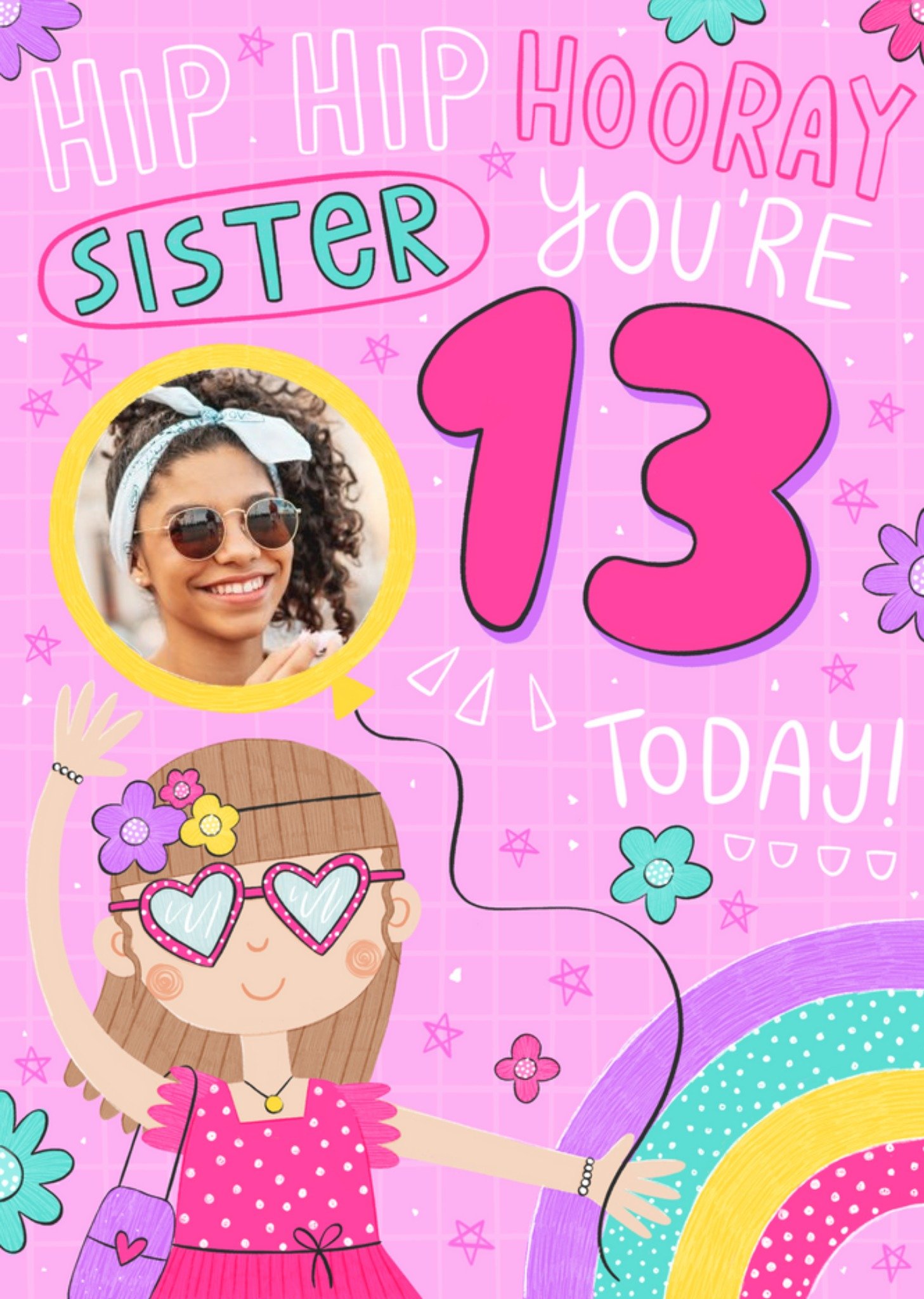 Moonpig Fun Illustration Hip Hip Hooray Sister Youre 13 Today Birthday Card, Large