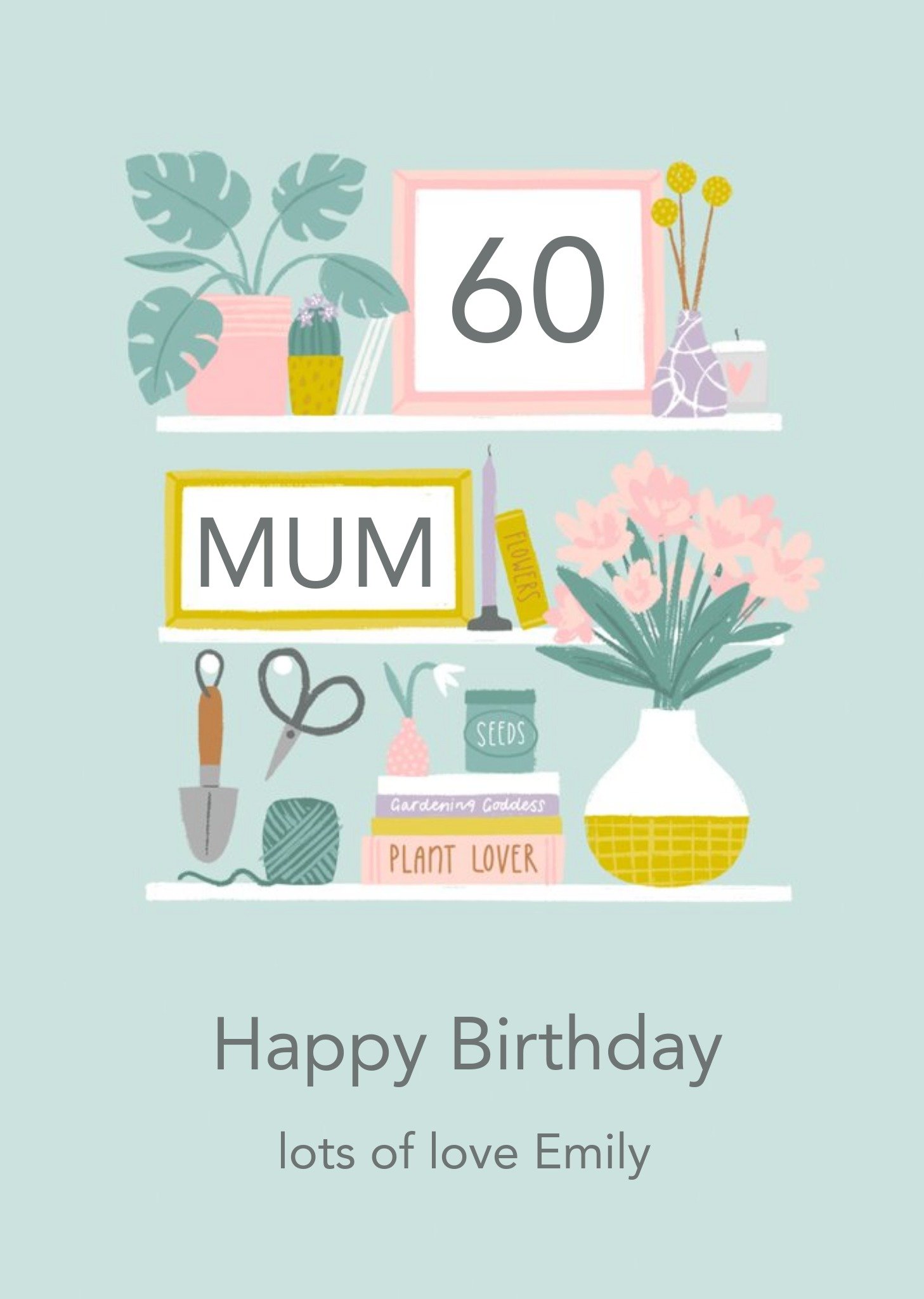Moonpig Illiustrated Shelves Houseplants Picture Frames Flowers Mum 60th Birthday Card Ecard
