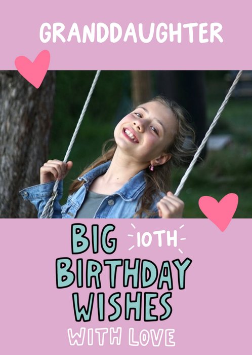 Angela Chick Illustrated Love Hearts Granddaughter 10th Birthday Photo Upload Card