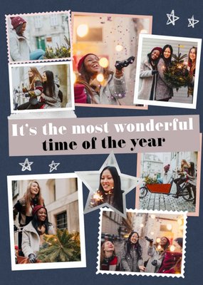 Modern Photo Upload Collage Most Wonderful Time of the Year Christmas Card