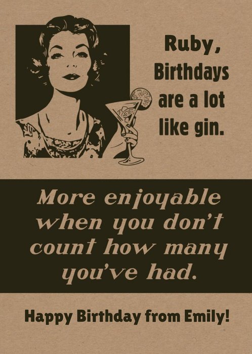 Retro IIlustration Of A Woman Enjoying Gin On A Brown Paper Textured Background Funny Birthday Card