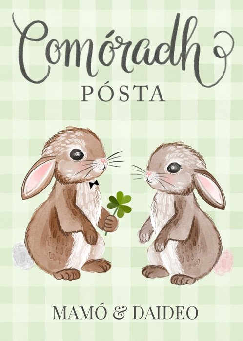 Okey Dokey Design Cute Illustrated Bunnies and Four leaf Clover Anniversary Card