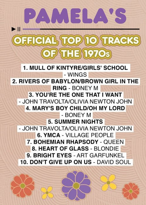 Official Charts Top 10 Tracks Of The 1970s Birthday Card