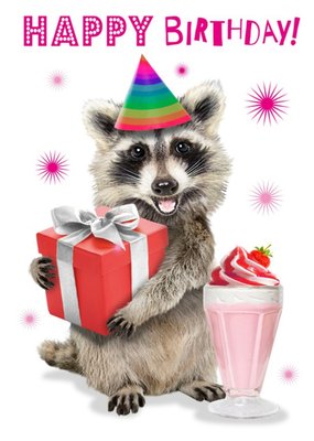 Cute Racoon Holding Present With Ice Cream Sundae Birthday Card