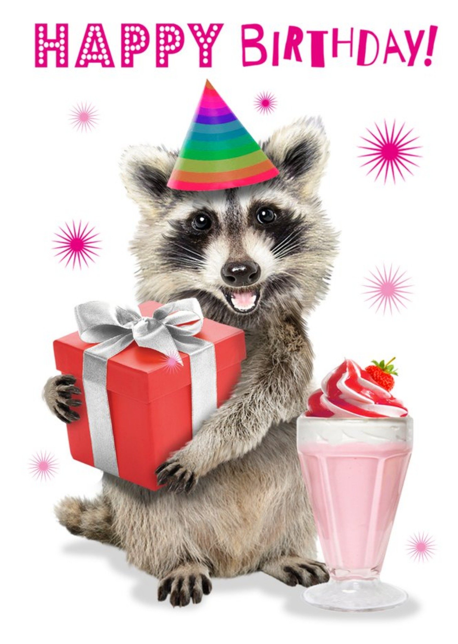 Cute Racoon Holding Present With Ice Cream Sundae Birthday Card Ecard