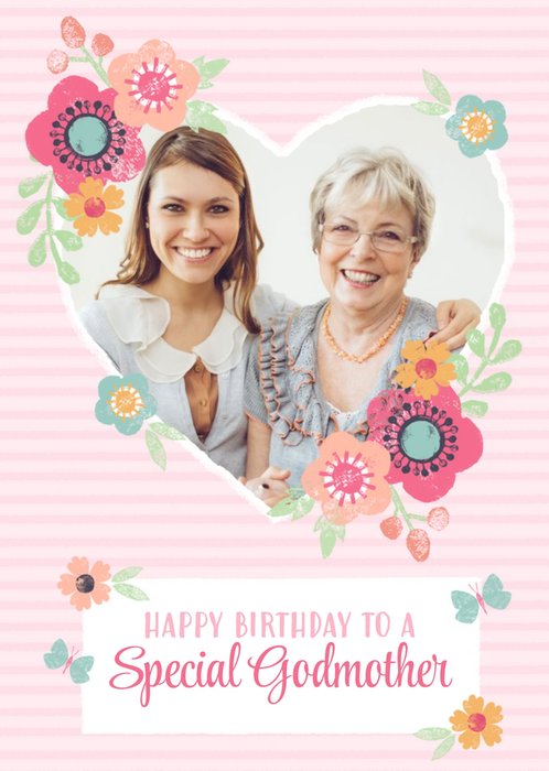 Striped And Flower Design Happy Birthday Godmother Photo Card | Moonpig